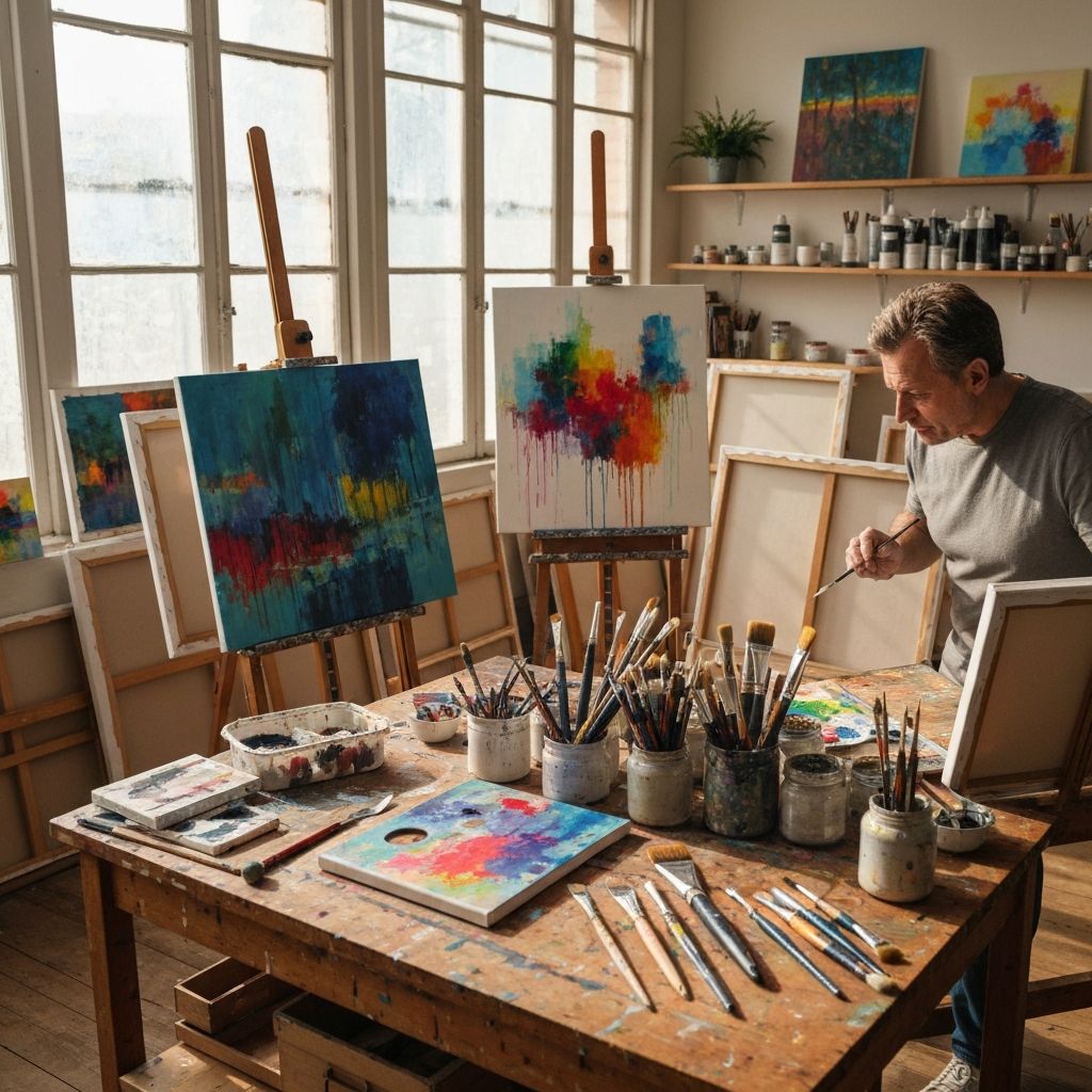 Sanatçı stüdyoda çalışırken