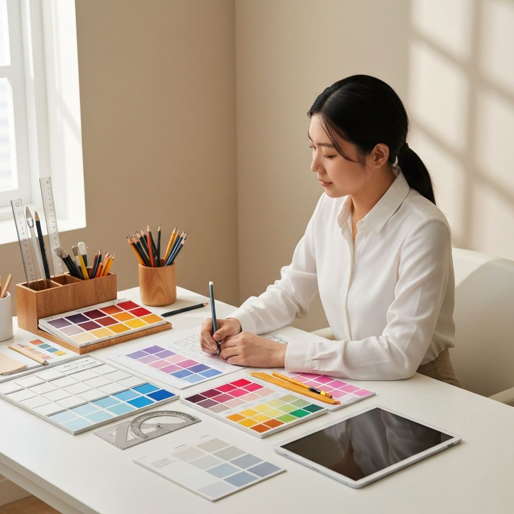 Tasarım çalışma masası ve renkli malzemeler